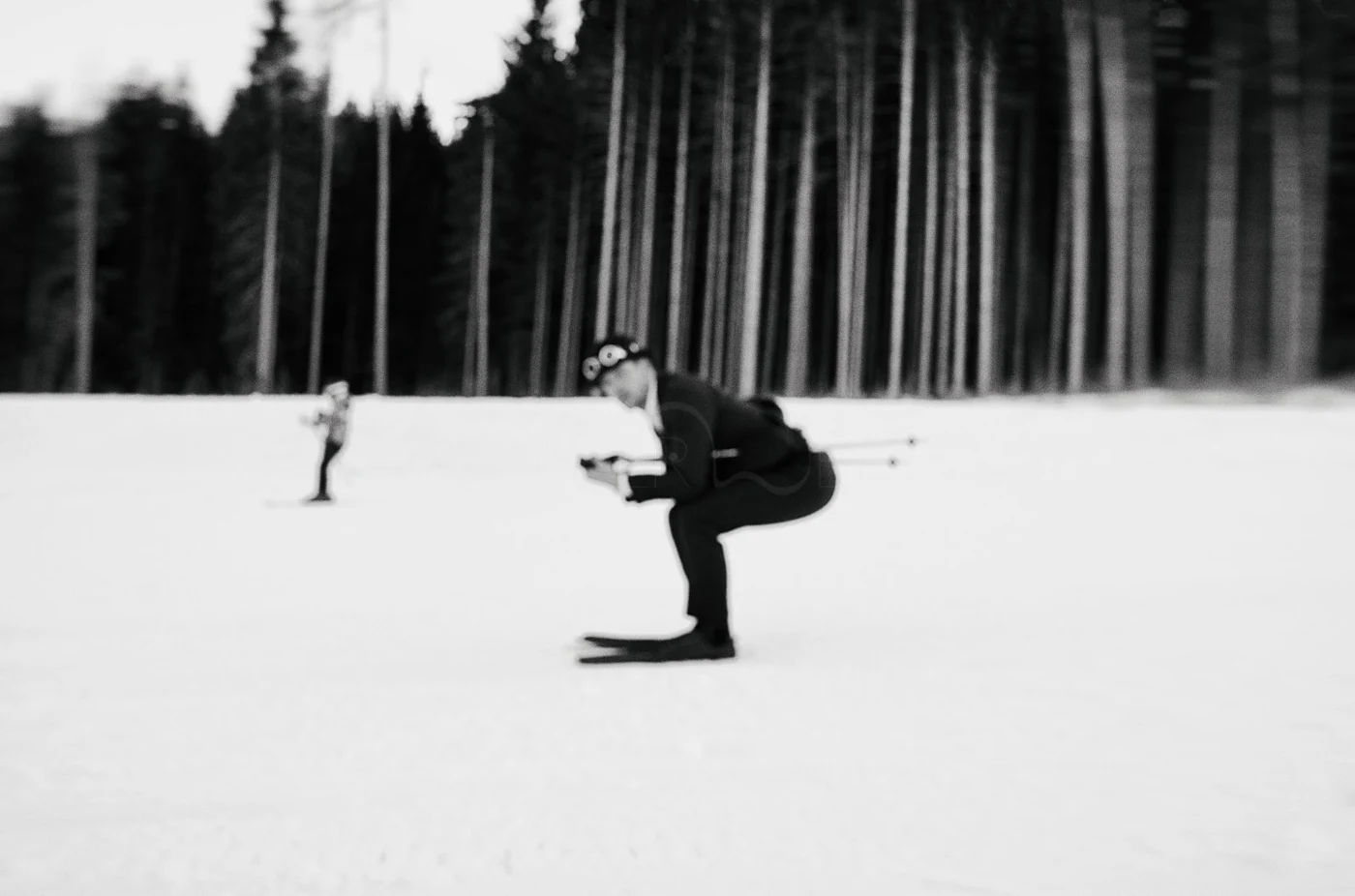 Person in black clothing with skis, crouched in a skiing stance on snow, holding a device, with a forest of tall, thin trees in the background.