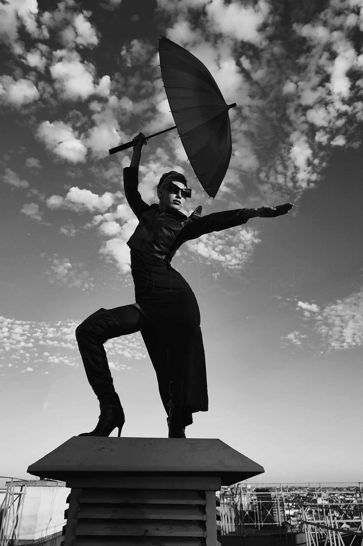 A person with a raised umbrella posing on a rooftop beneath textured clouds.