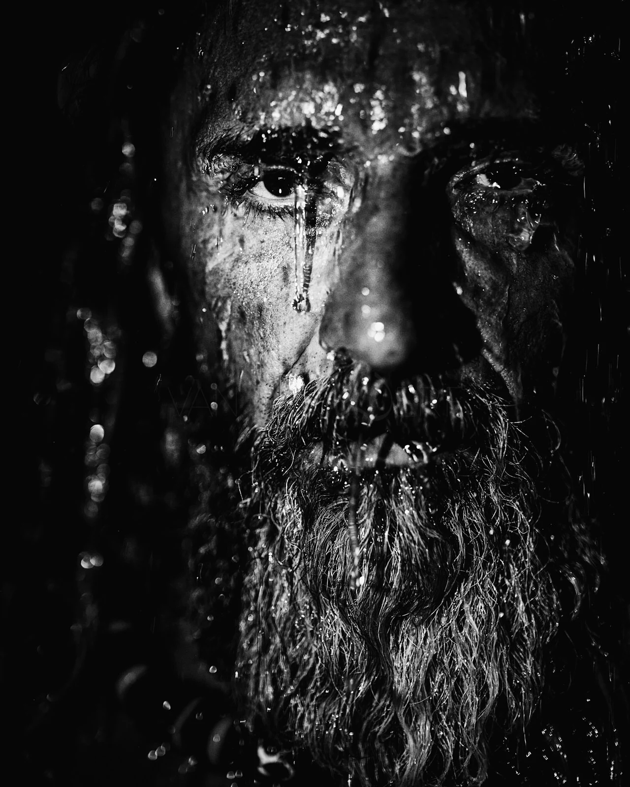A close portrait of a bearded man through wet glass.