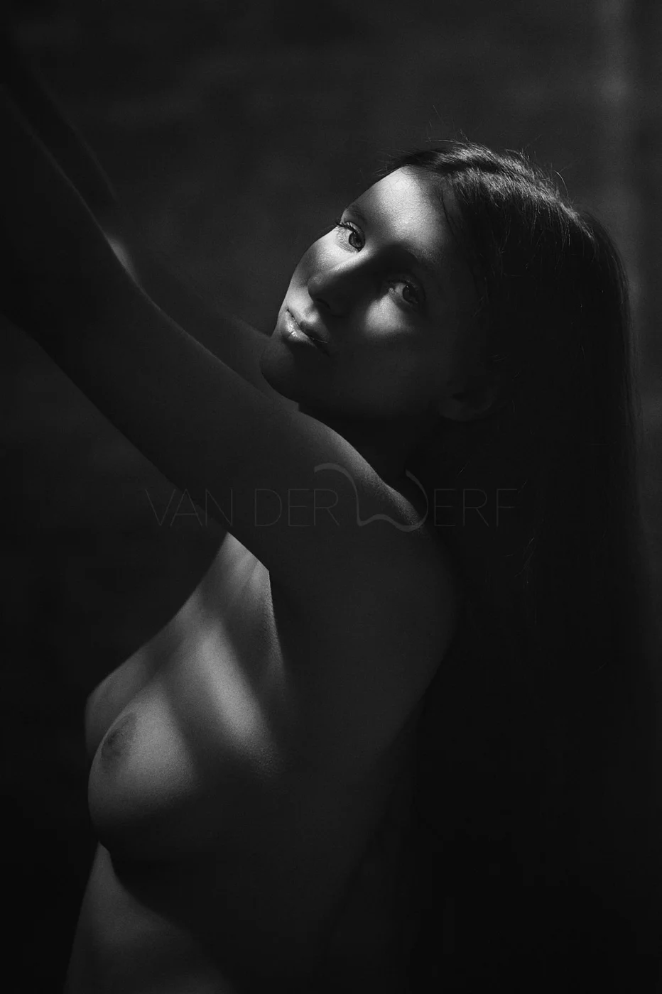 Black and white portrait of a woman with long hair, looking over her shoulder with soft lighting highlighting her face and shoulder.