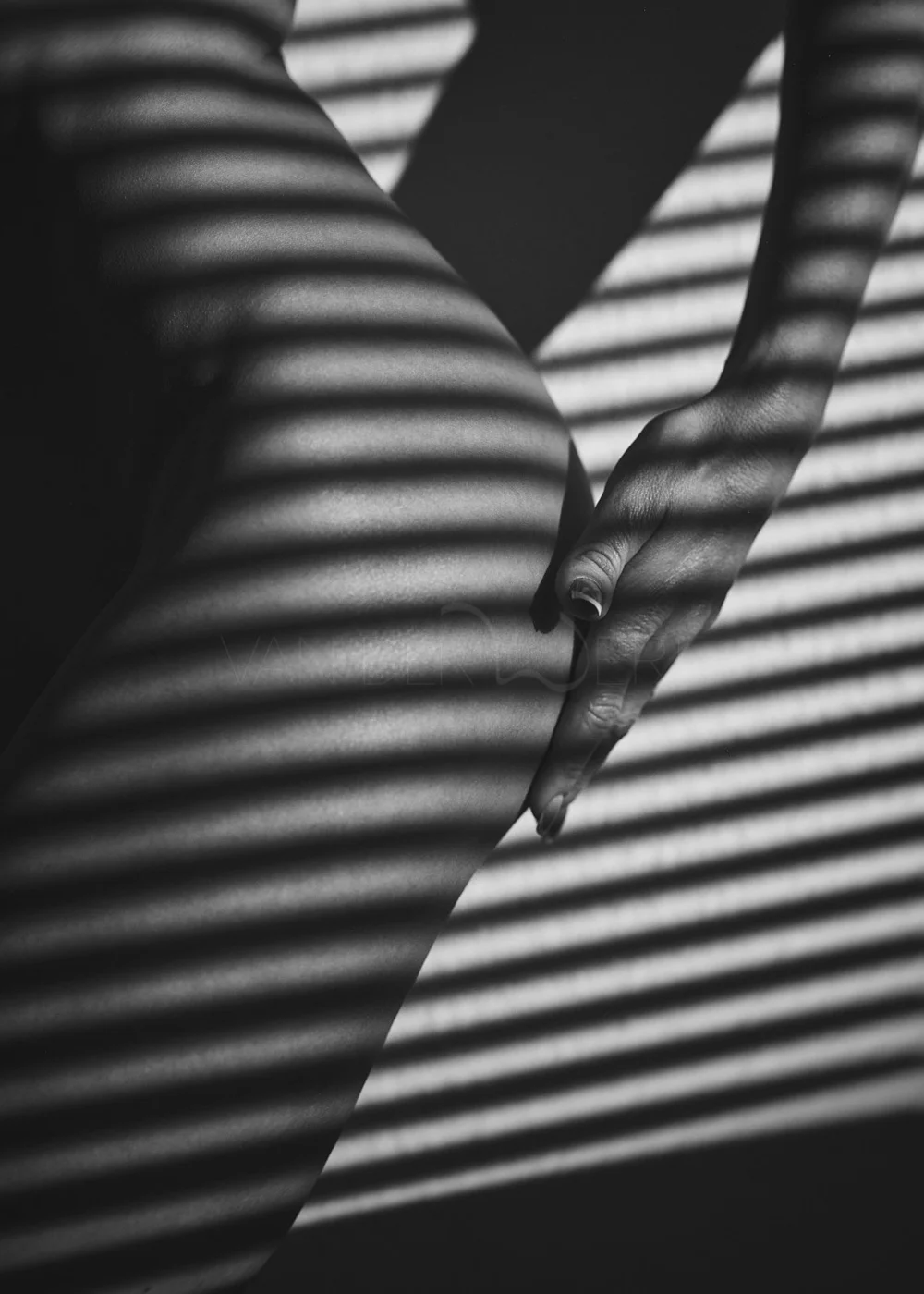Black and white photo of a hand touching a leg, with striped light and shadow patterns from window blinds cast across the body.