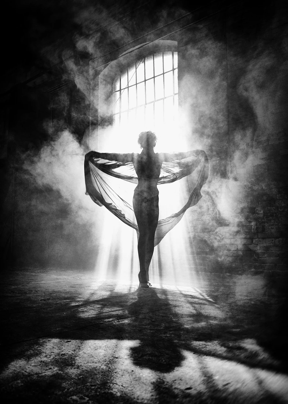 A silhouetted woman standing in a misty industrial space with light streaming through a large window behind her, holding a sheer fabric outstretched to the sides.
