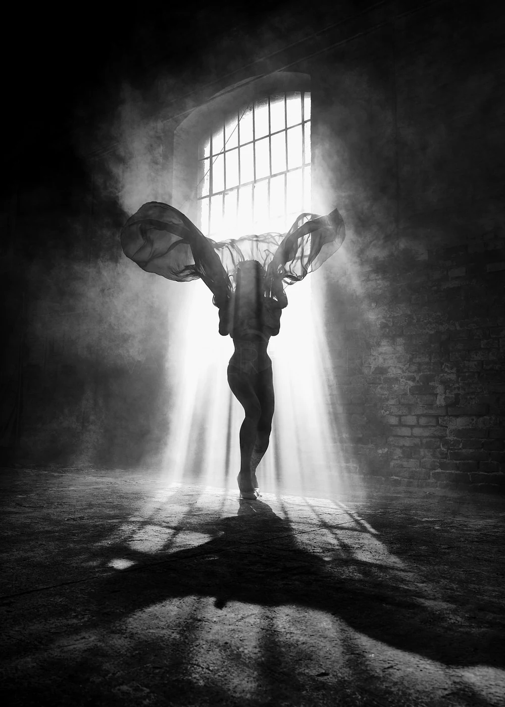 A monochrome photo of a dancer standing in front of a large window with sunlight streaming through, casting dramatic shadows. The dancer is holding flowing fabric and is illuminated by soft light, creating a mystical and artistic atmosphere.