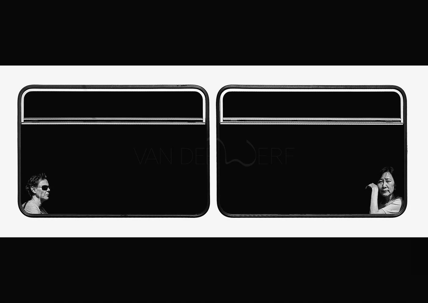 Black and white photo of two people on opposite sides of a double-decker bus window, with a man wearing sunglasses on the left and a woman resting her head on her hand on the right.
