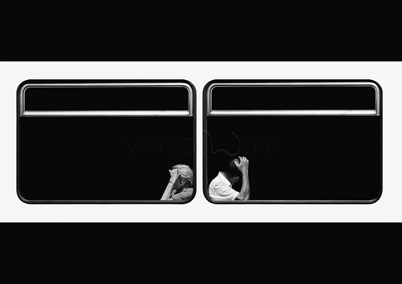 Black and white photo of two train windows with distressed man and woman, both holding their heads.