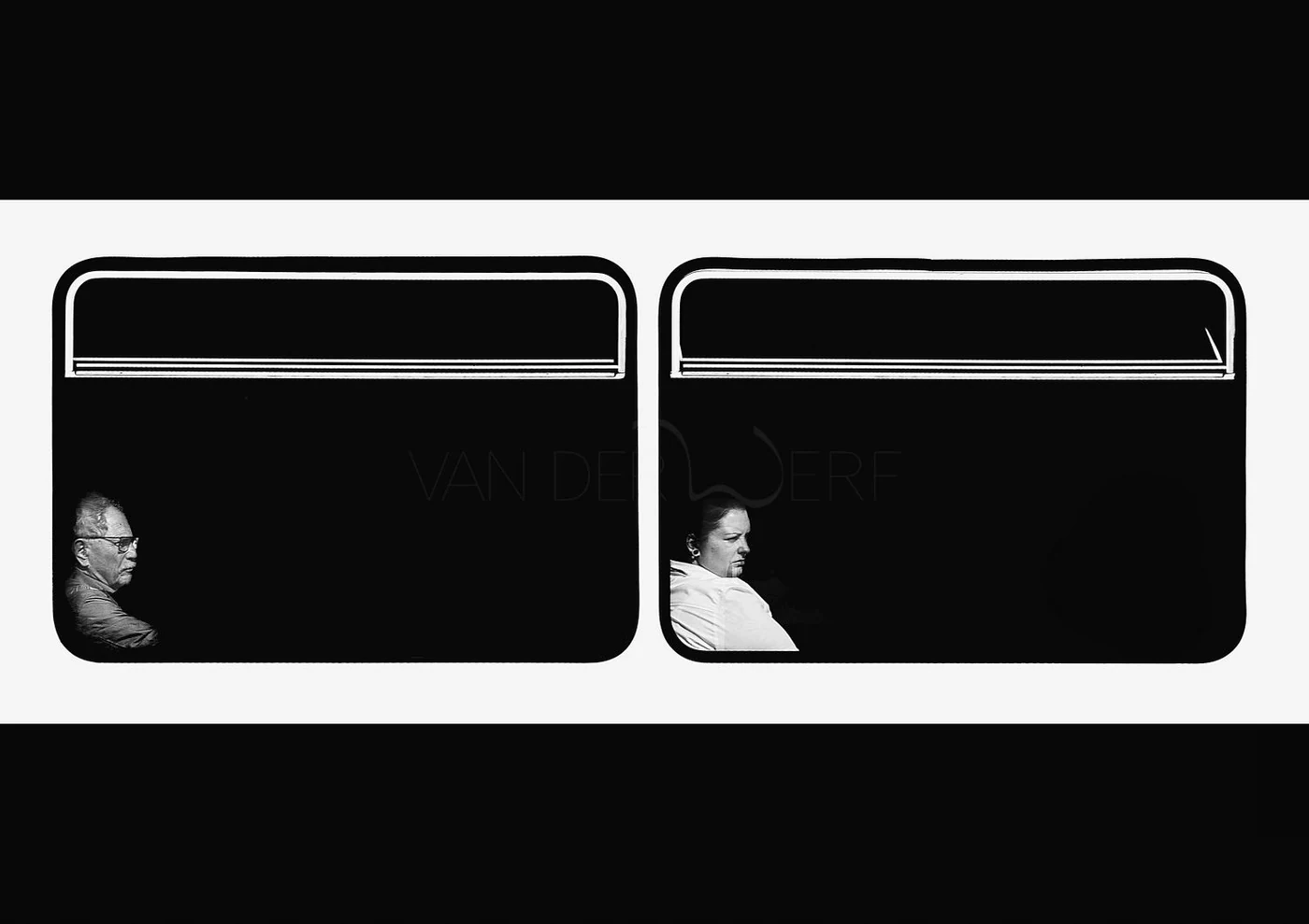 Black and white photo of two people looking out of airplane windows, with reflective surfaces, with a partial word 'VAN DER' visible on the window reflections.