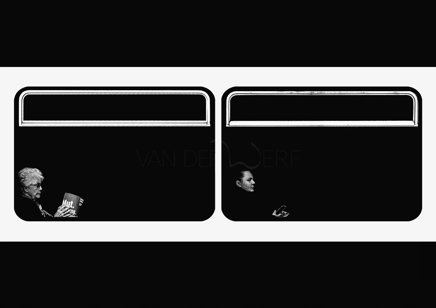 Black-and-white photo of a subway train window with two women, one reading a book on the left side and the other using a mobile phone on the right side.