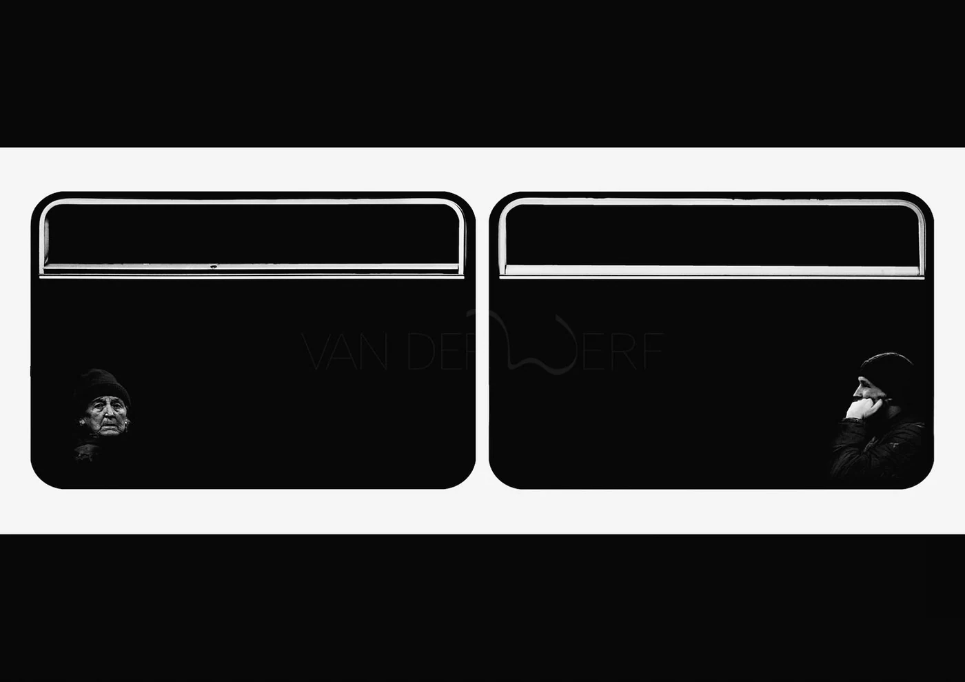 Black and white photo of two side-by-side train windows with elderly women looking out on the left and a woman wearing a beanie looking to the right on the right window, with the words "VAN DER BERF" faintly visible in the background.