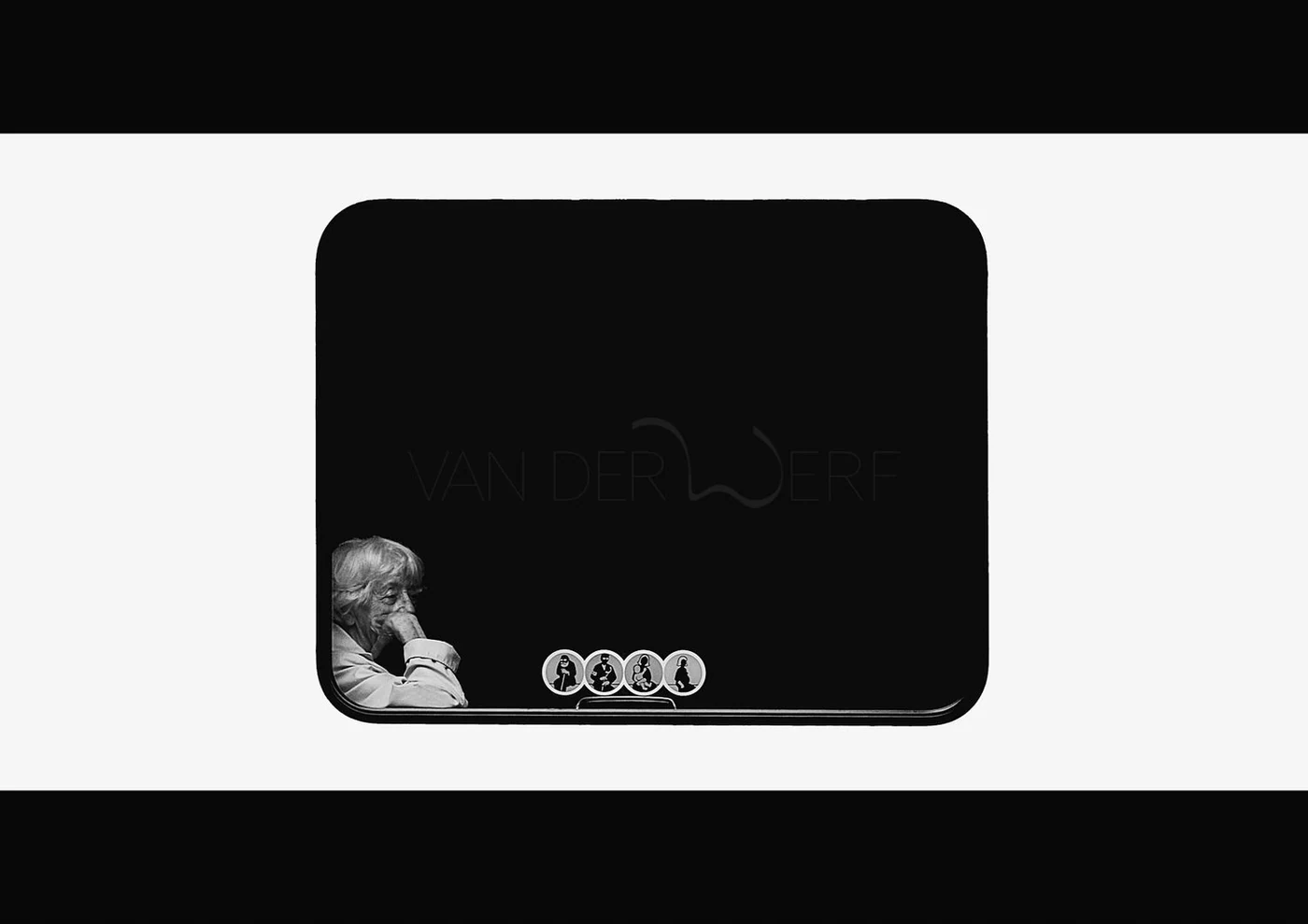 Box with a black center, black and white photograph of an elderly woman in the bottom left corner, and icons of a person in different exercise positions at the bottom, with the text 'VAN DER' visible.