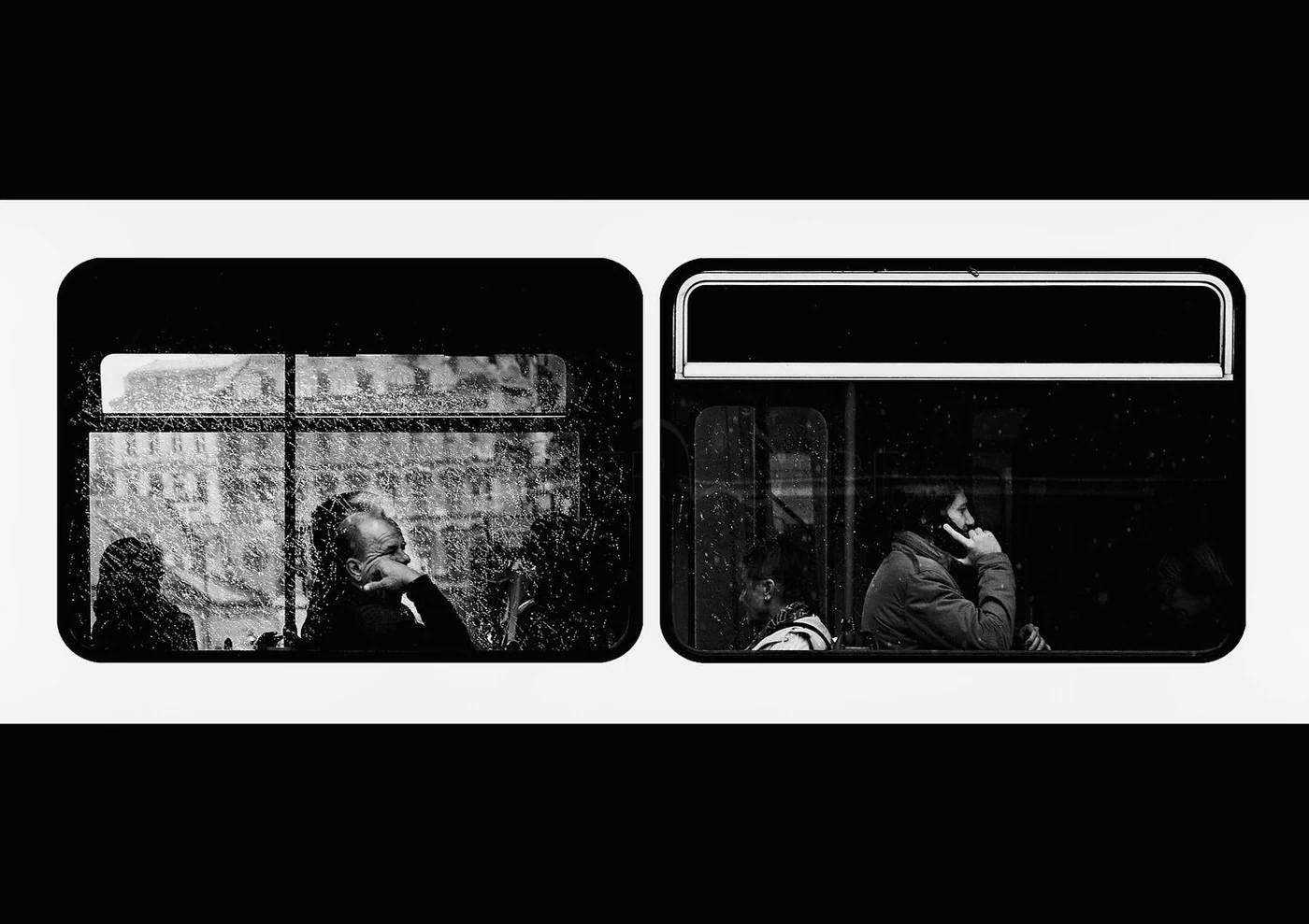 Black and white photo of two train windows with seated passengers, some wearing masks.
