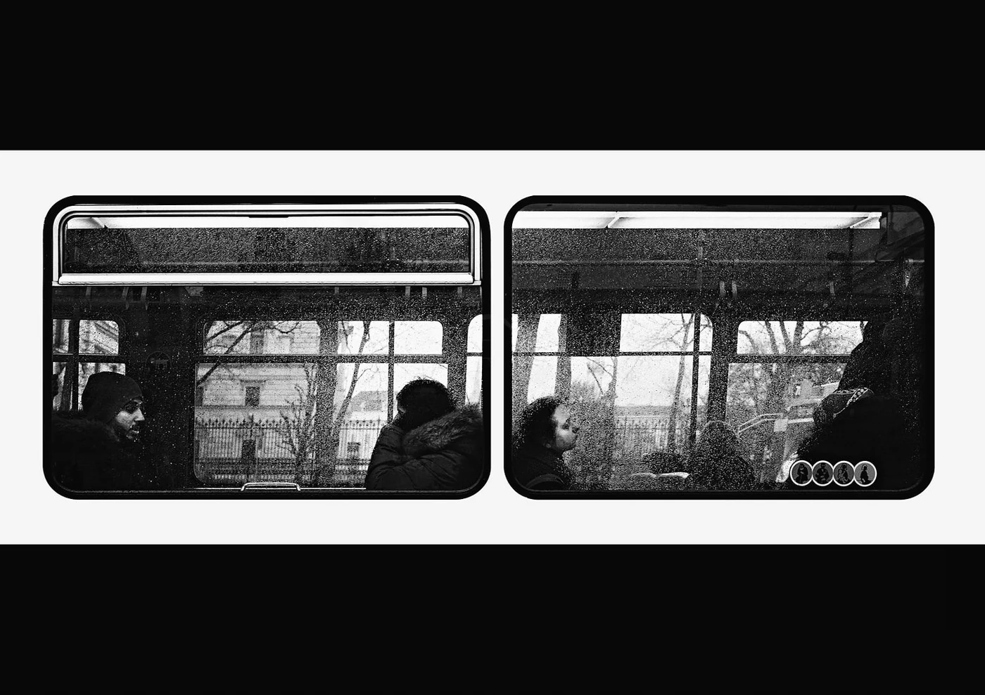 Black and white photo of four people sitting on a bus, seen through rain-streaked windows. Two people are visible on each side, facing each other, wearing winter clothing.
