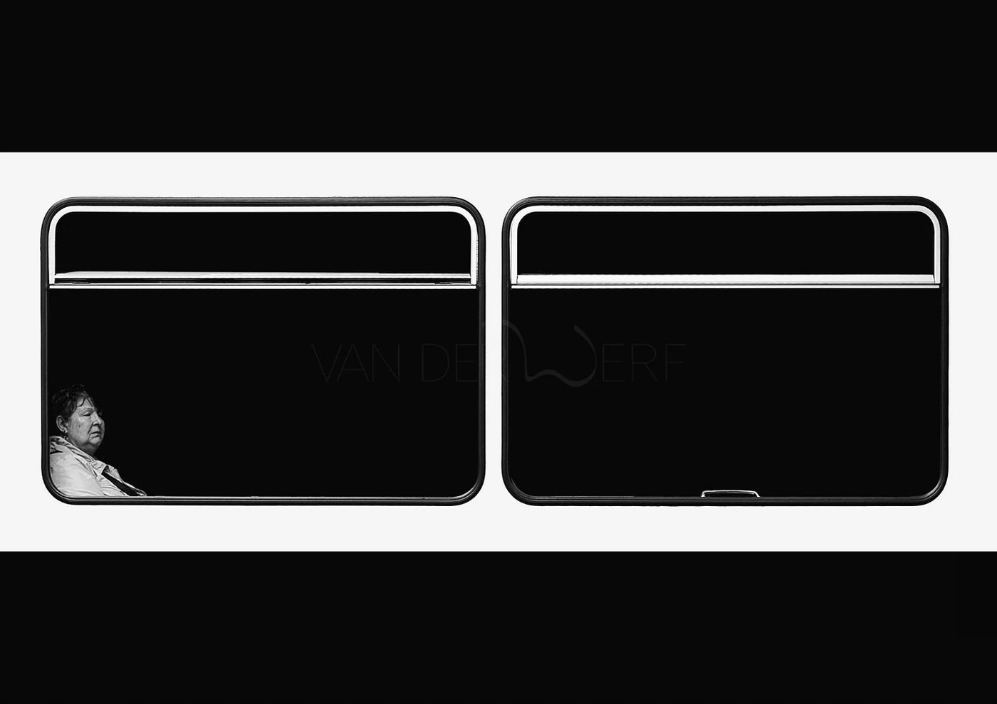A black and white photograph of two train windows, with one showing a woman sitting inside looking downward, and the other window empty.