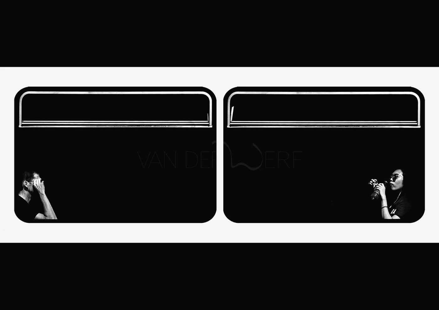 Black and white graphic of two fish tanks with images of people in their lower corners, one on each side.