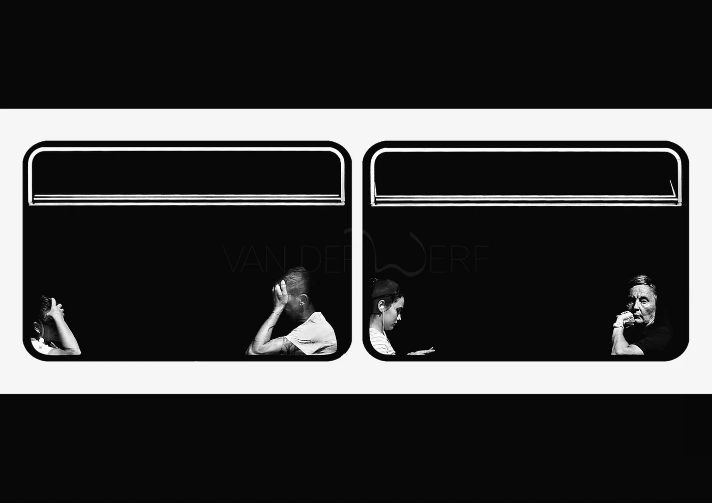 Black and white photo of four people seated separately inside a vehicle, viewed through the windows, with a minimalistic background.