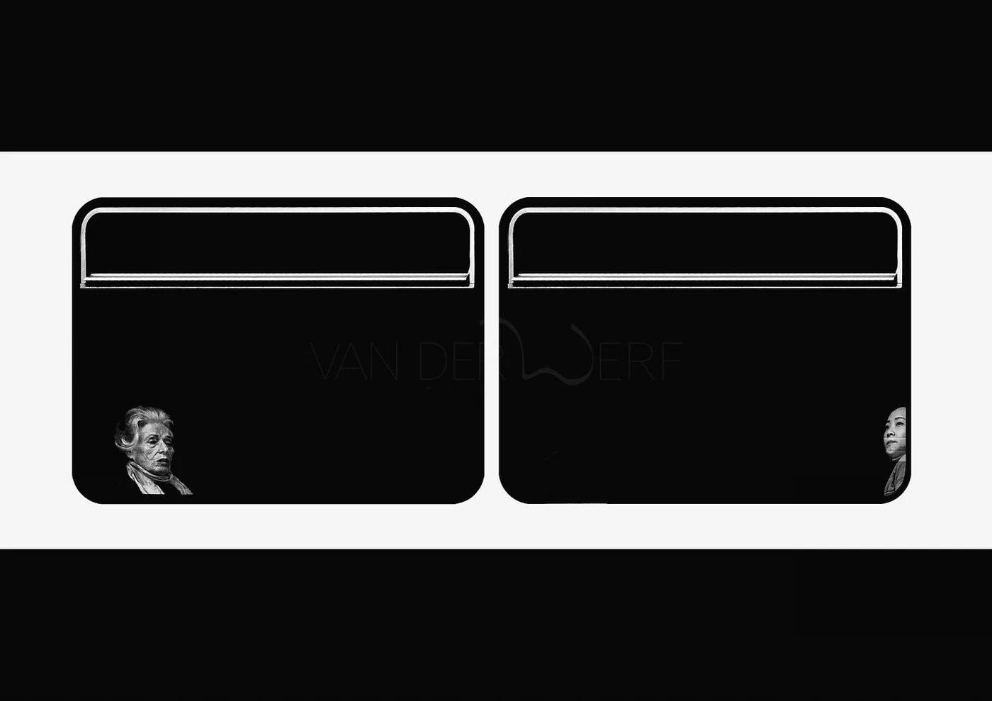 Black and white digital artwork featuring a train with two windows, each with a portrait of a woman at the bottom corner.