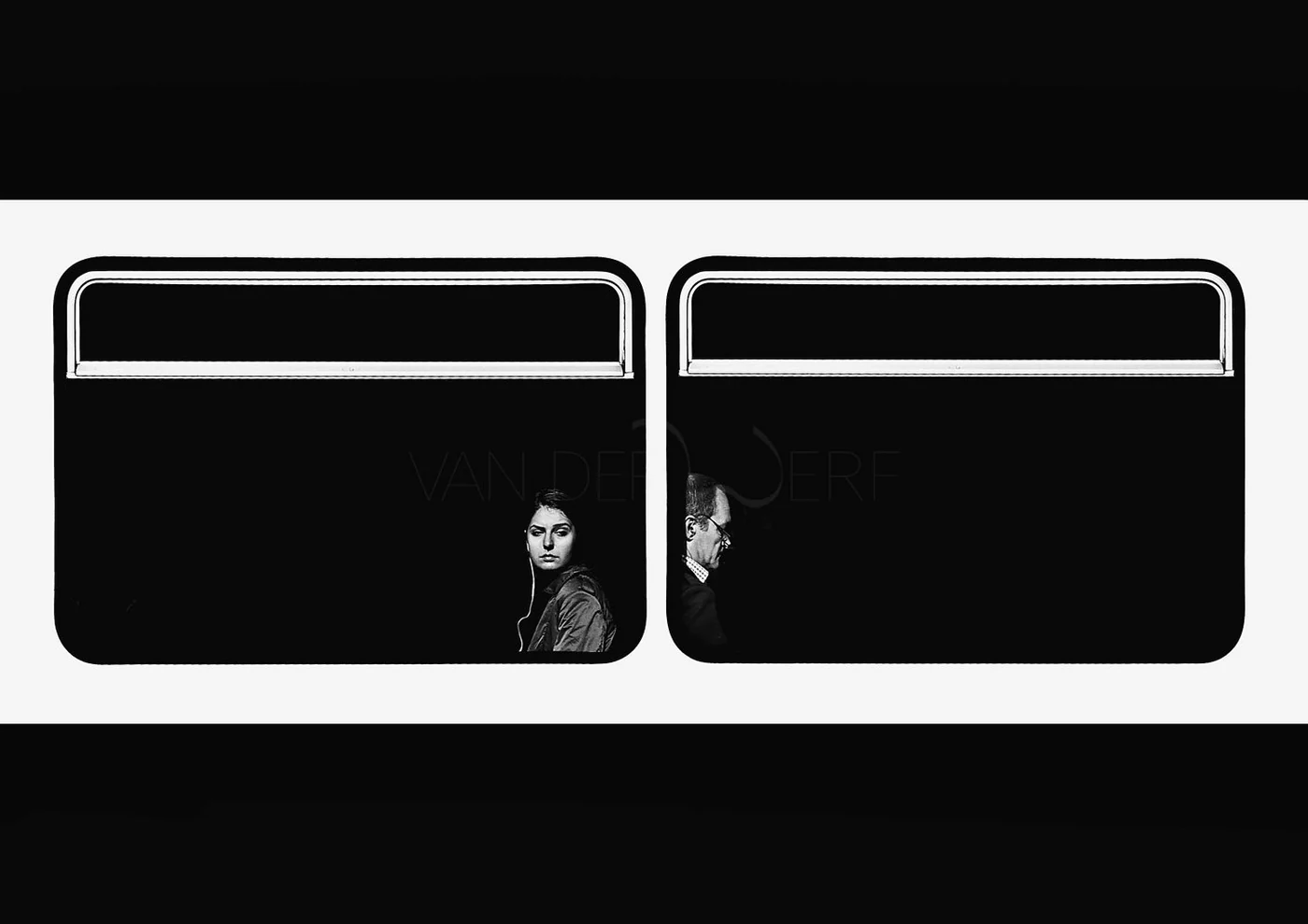 Black and white photo of a train window with two people inside, a woman on the left looking out and a man on the right looking down.
