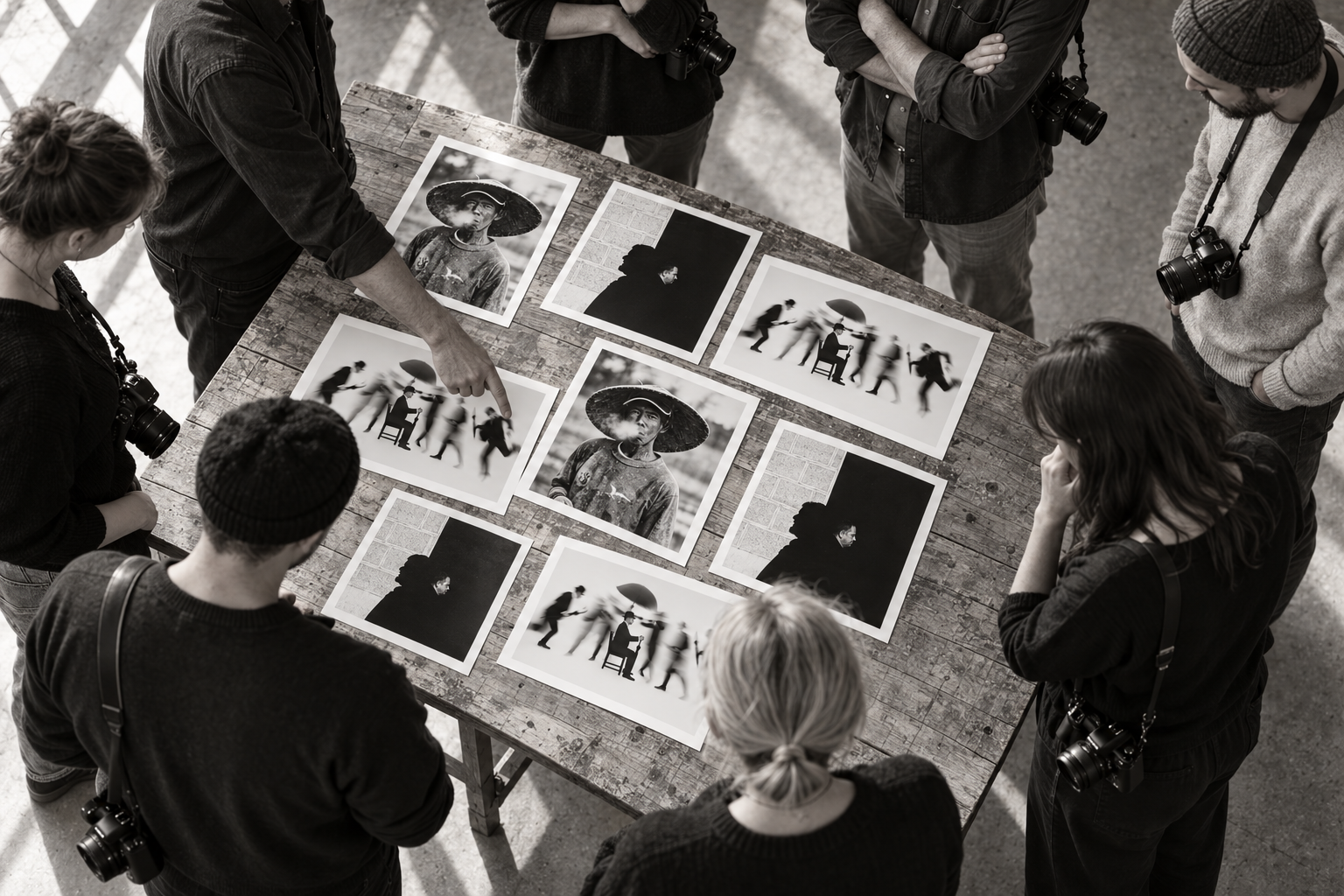 Workshop table with people photographs